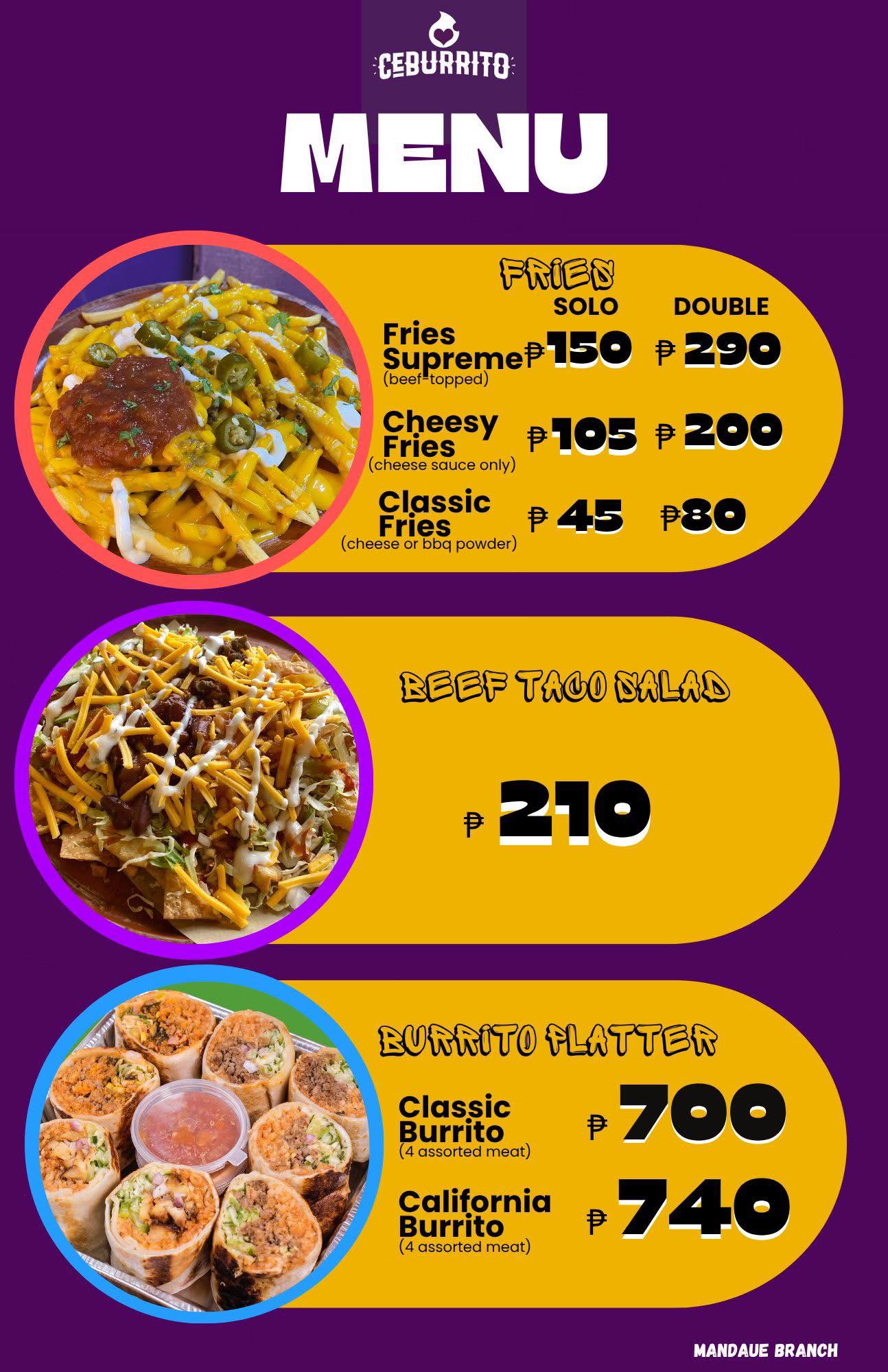 Fries, Beef Taco Salad & Burrito Platter Menu