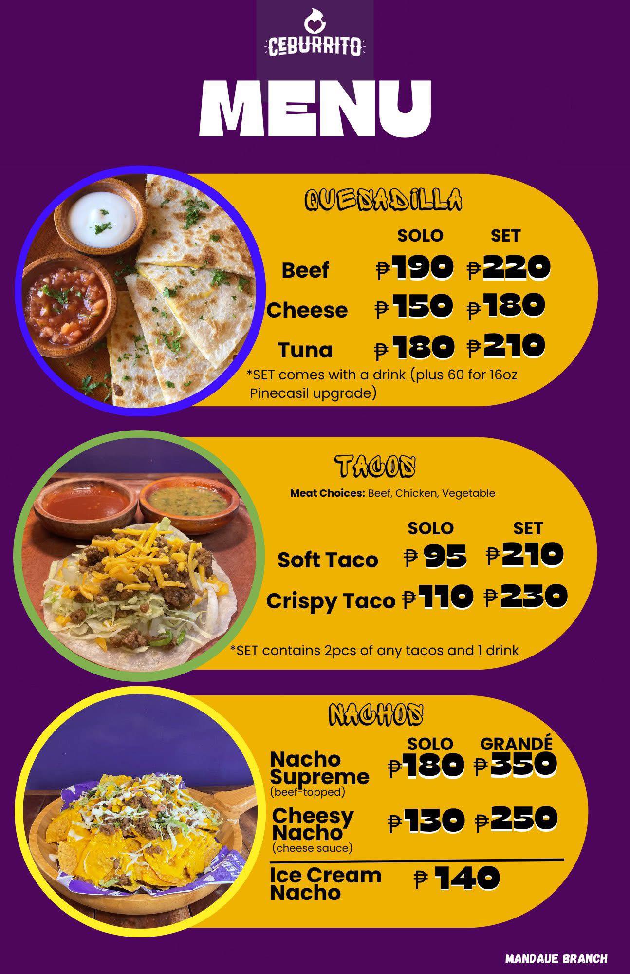 Quesadilla, Tacos & Nachos Menu