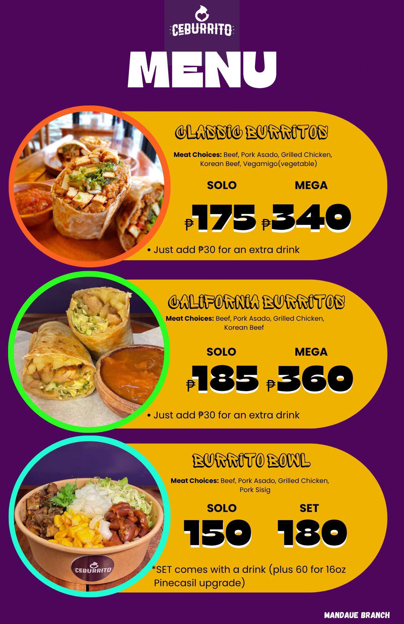 Classic Burritos, California Burritos & Burrito Bowl Menu